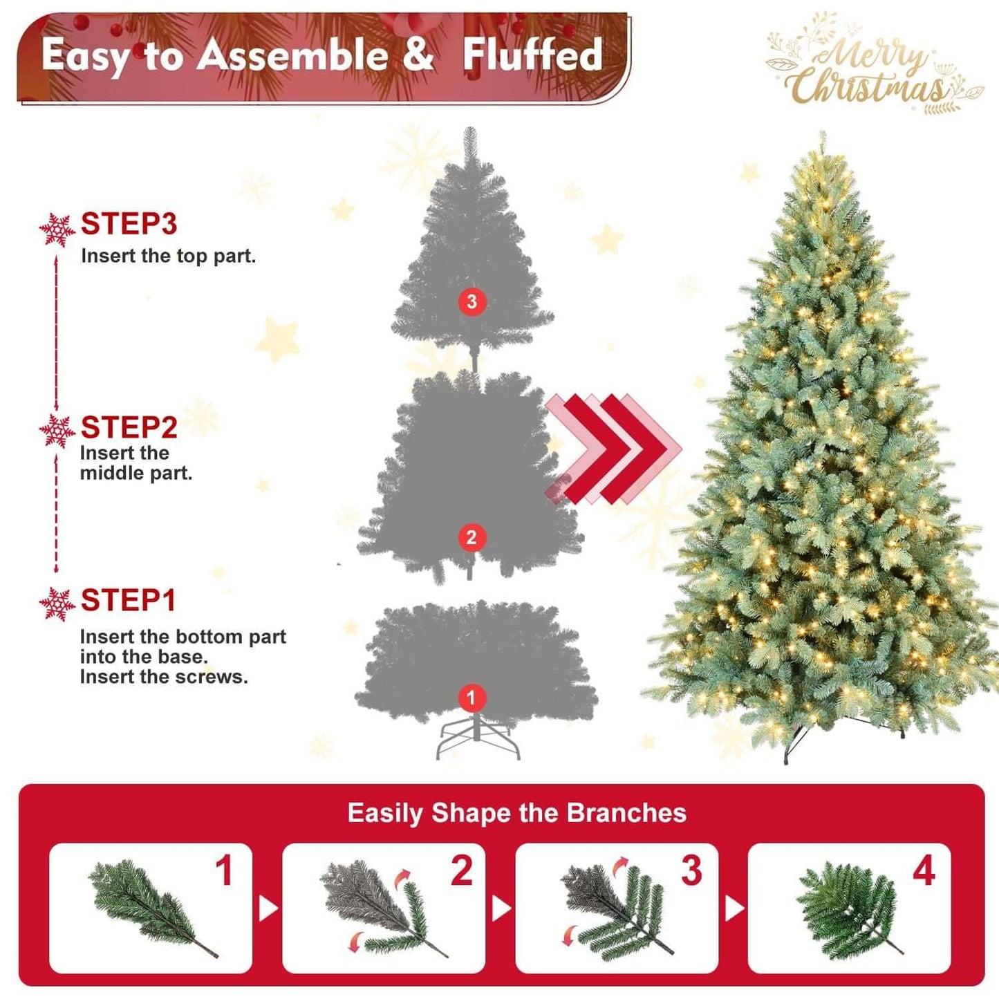 Assembly guide for Blue Spruce Artificial Christmas Tree Prelit, featuring hinged branches and step-by-step assembly instructions.