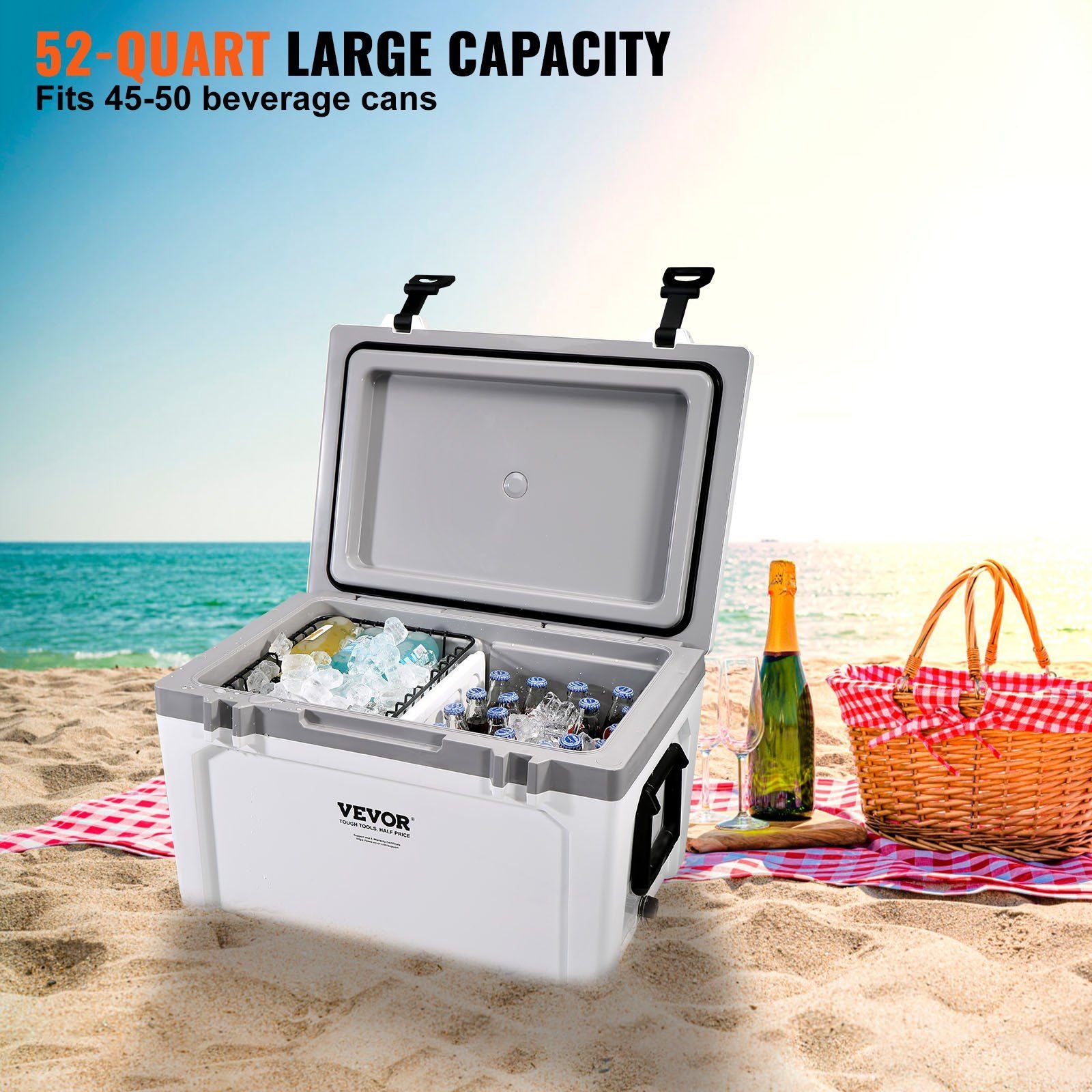VEVOR 52 qt Insulated Portable Cooler on beach, open to show 50 can capacity, ideal for camping, picnics, and outdoor adventures.