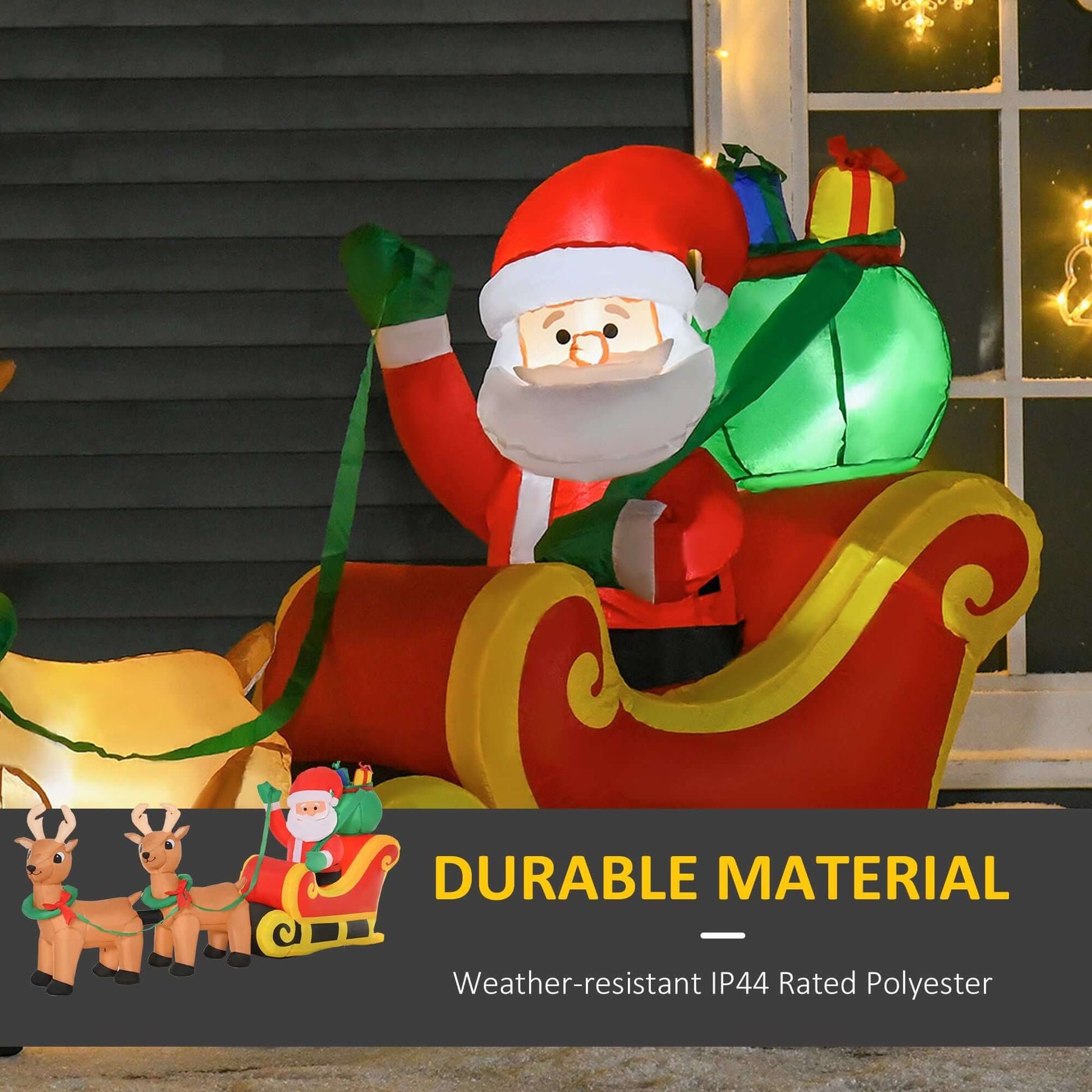 Christmas Inflatable Santa Claus with Sleigh, 8ft LED outdoor decoration, showcasing Santa in vibrant colors with durable polyester material.