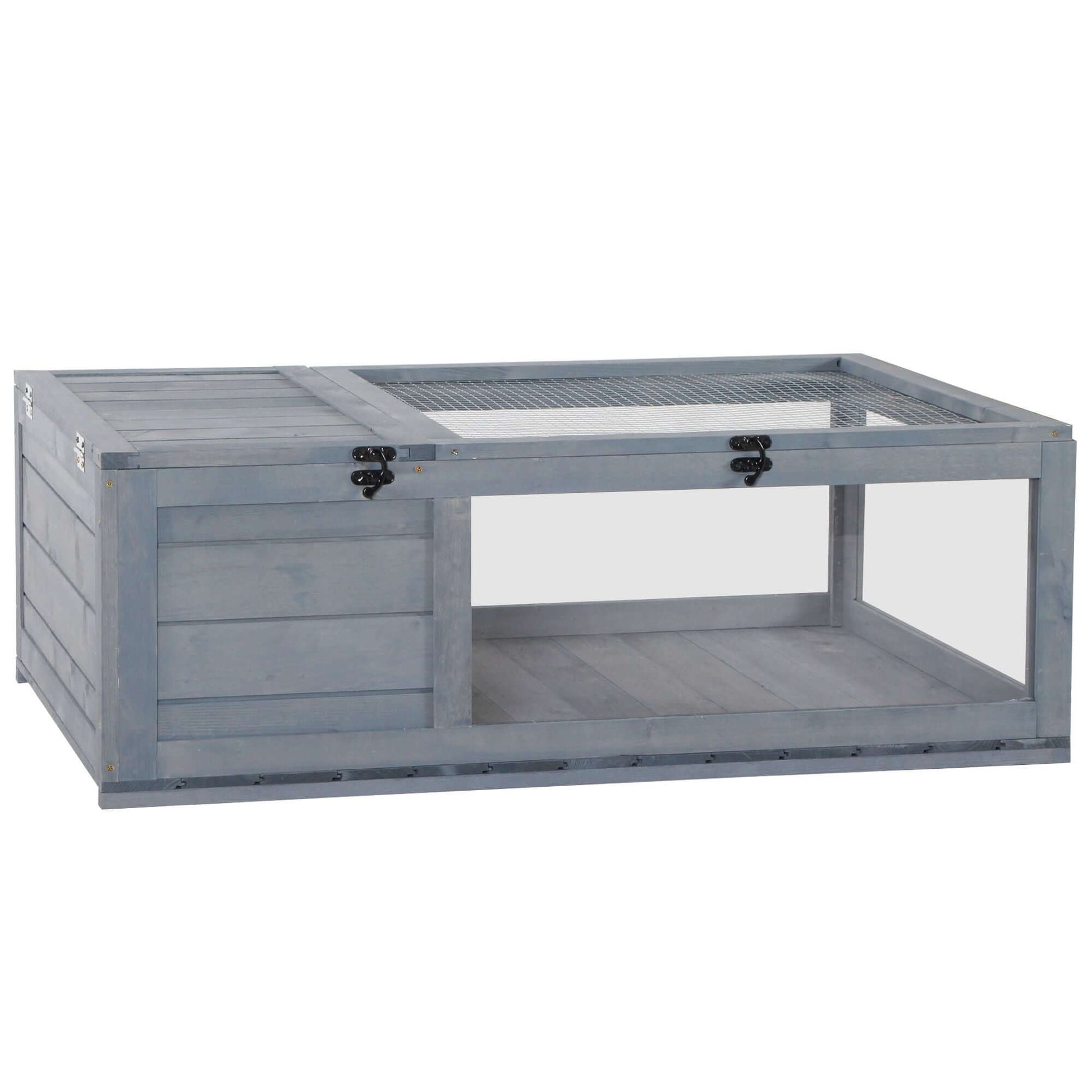 PawHut Wooden Tortoise House Indoor Turtle Habitat Enclosure Outdoor Reptile Cage Gray with two-room design
