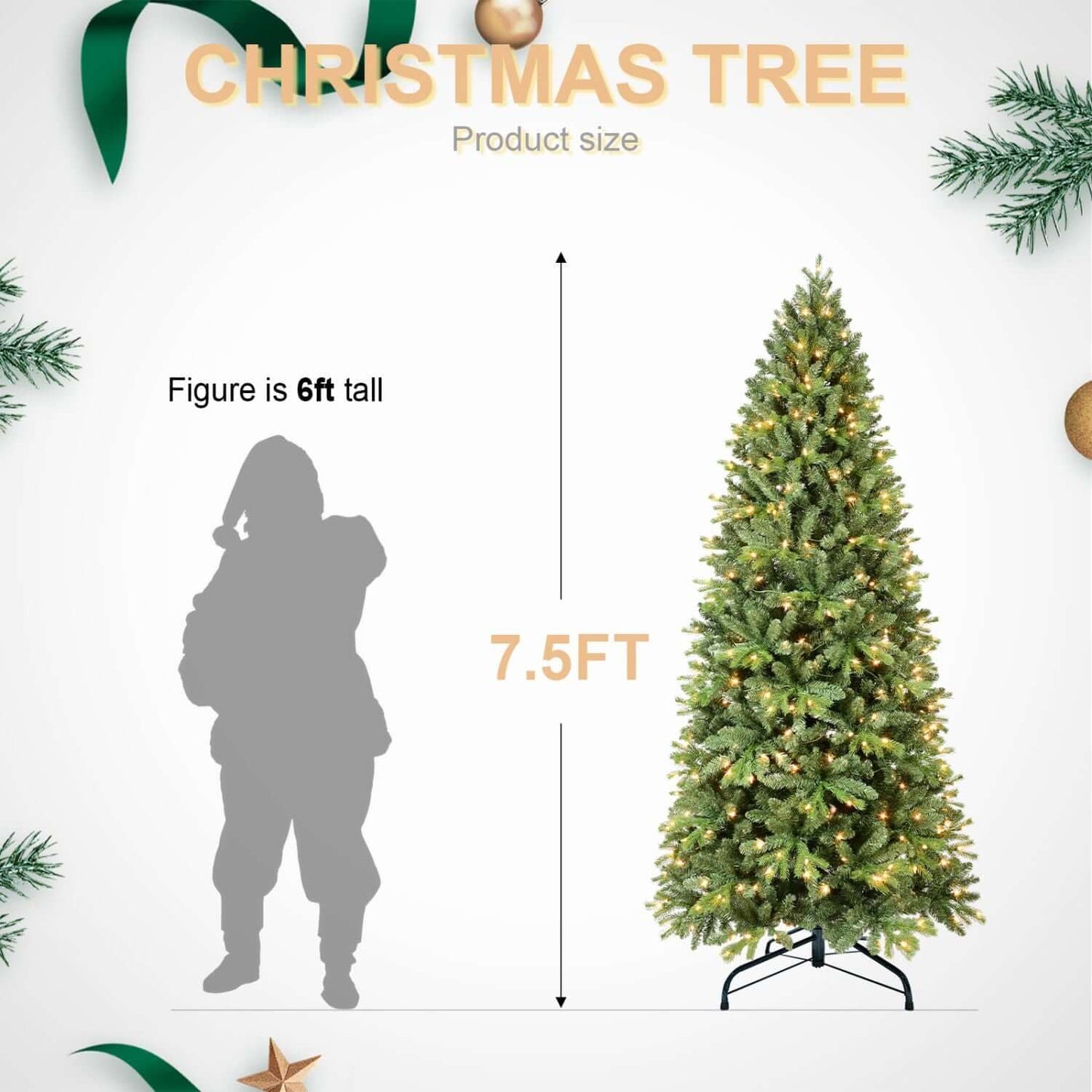 7.5FT Christmas Tree with LED Lights compared to 6FT figure