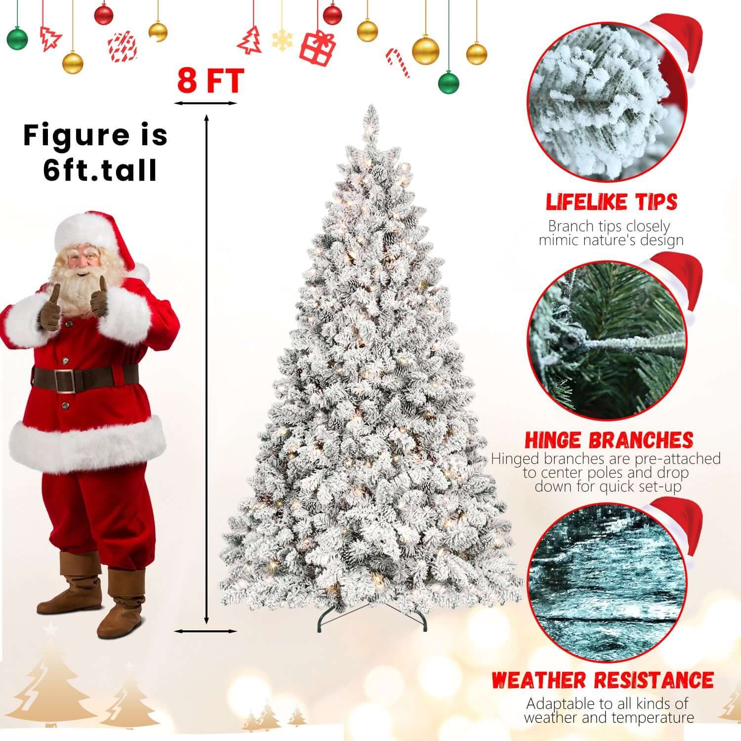 Flocked Christmas Tree with Lights - 7ft pre-lit with pine cones, showcasing realistic tips, hinge branches, and weather resistance features.