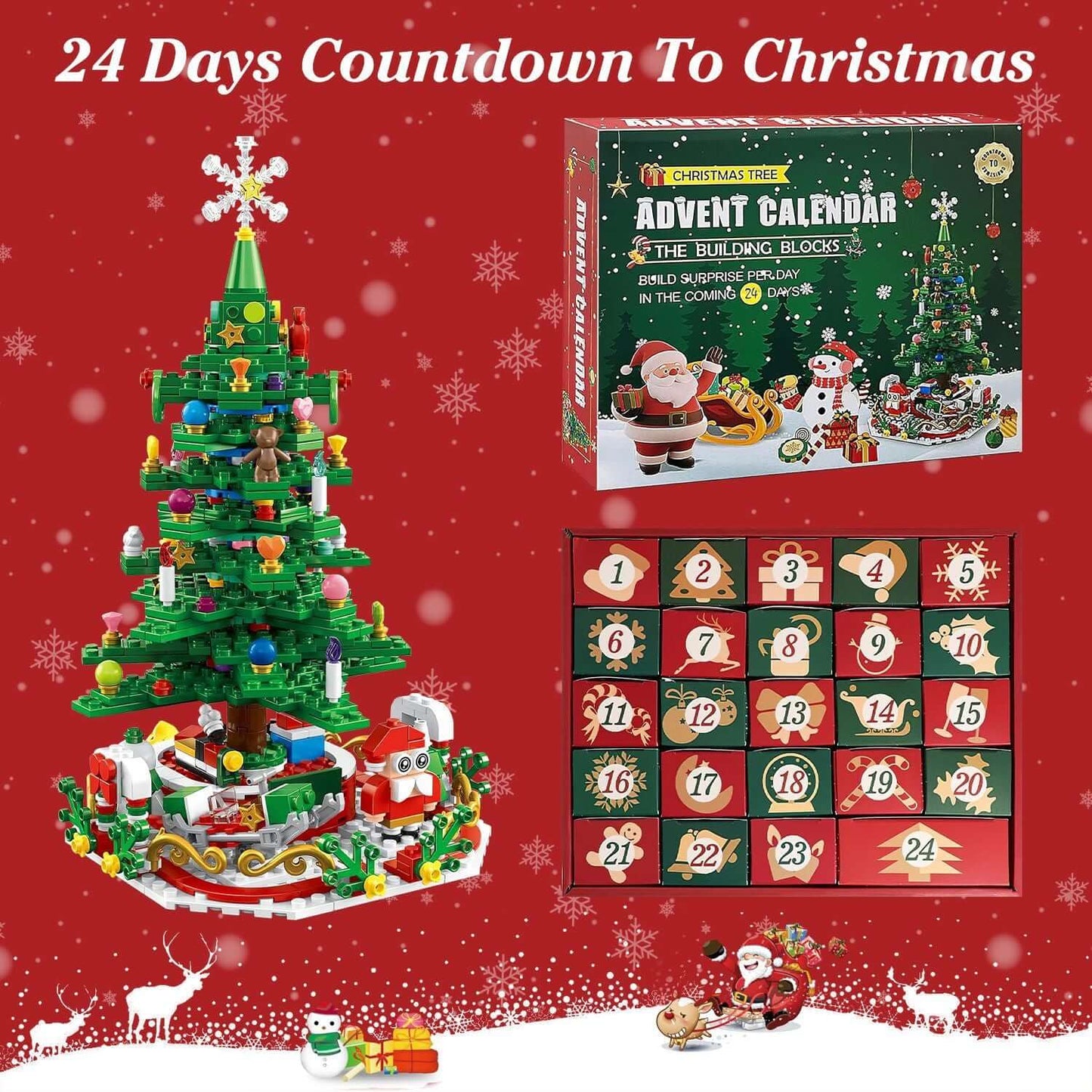 Christmas Tree Building Set Countdown Calendar for Kids 3-6 with 701 Pieces, 24-Day Calendar, and LED Lights.