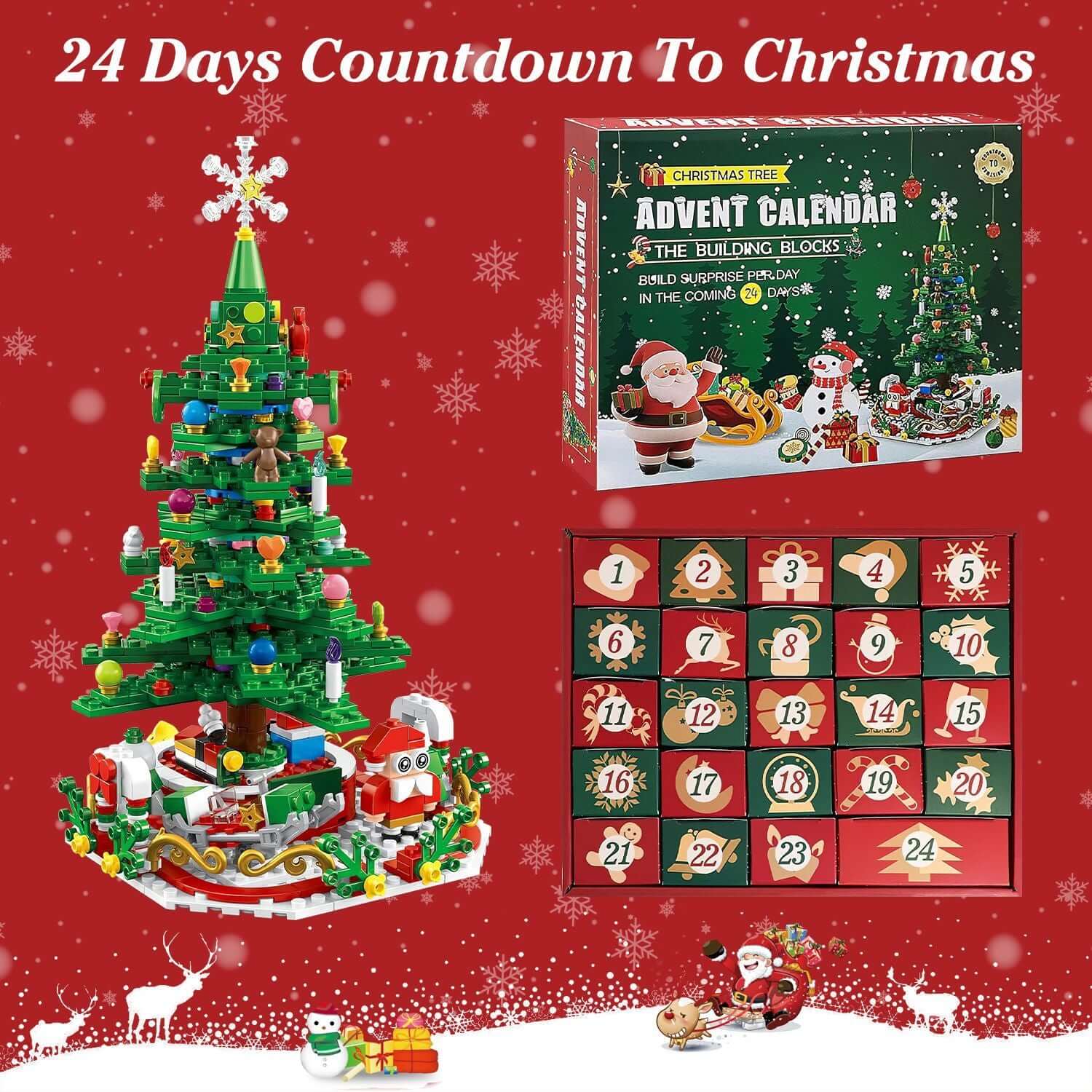 Christmas Tree Building Set Countdown Calendar for Kids 3-6 with 701 Pieces, 24-Day Calendar, and LED Lights.