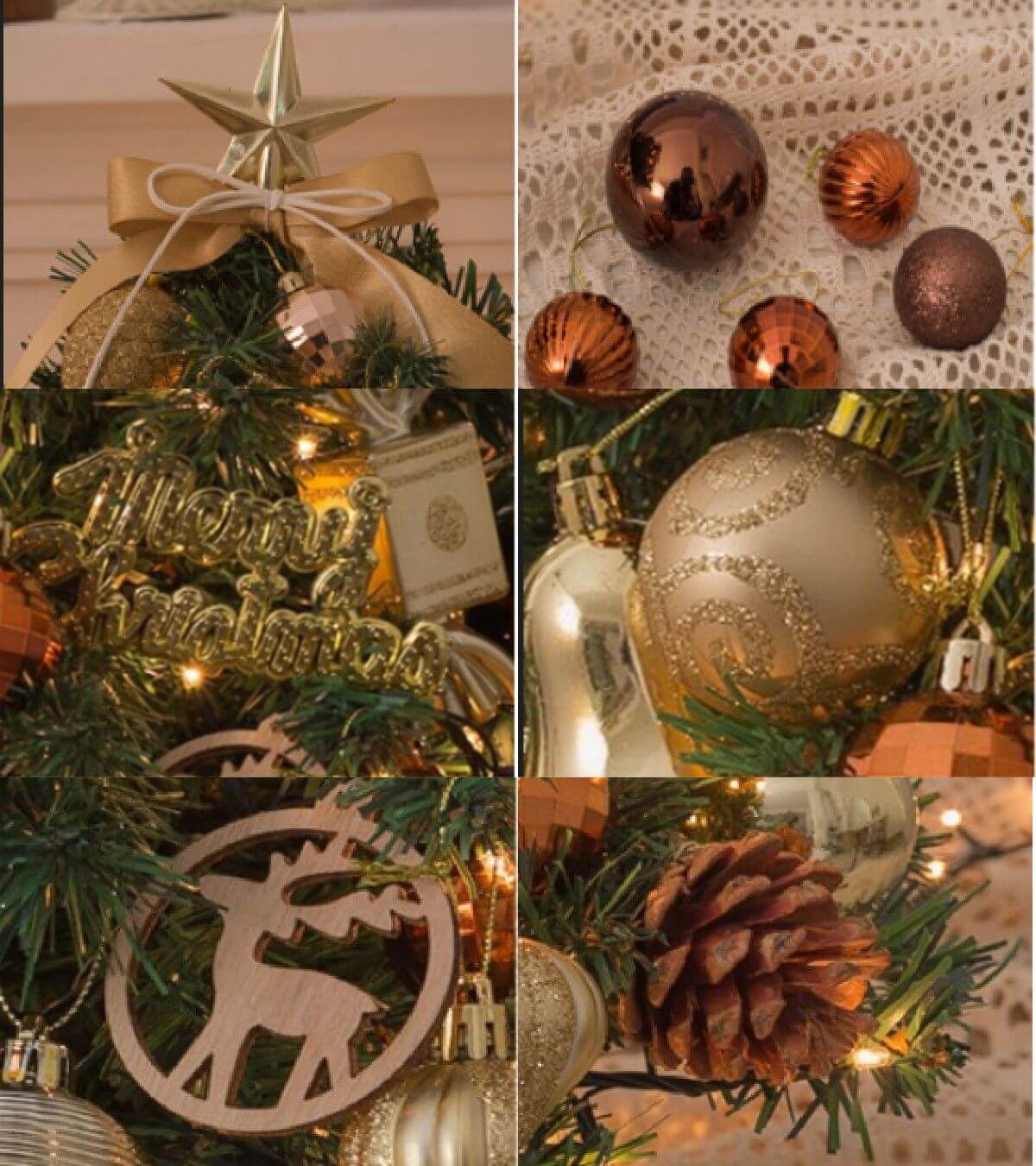 Tabletop Christmas Tree with gold ornaments, snow flocked branches, and festive decorations for a cozy holiday display.