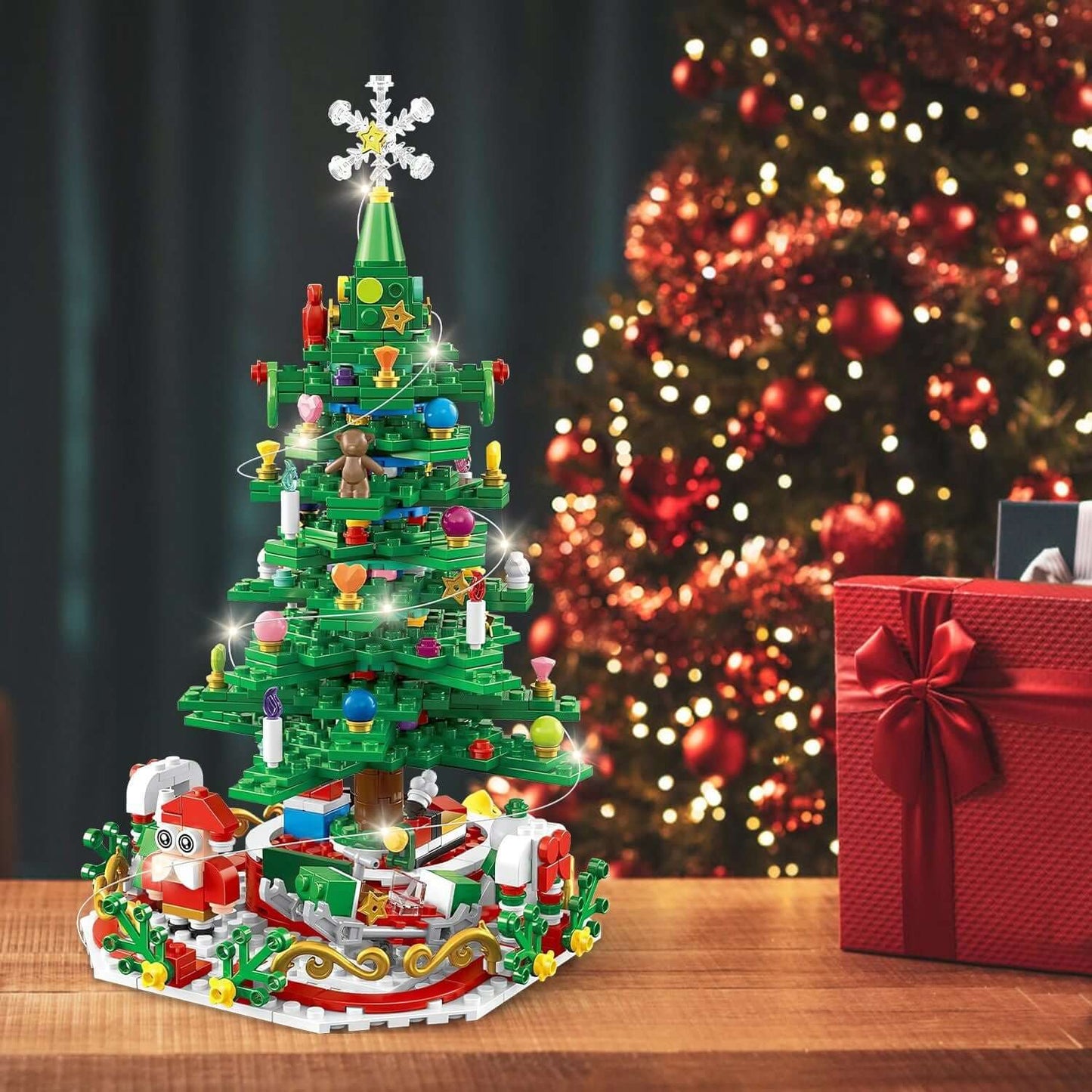 Christmas Tree Building Set Countdown Calendar with LED Lights and Ornaments for Kids, Perfect Festive Tabletop Decor