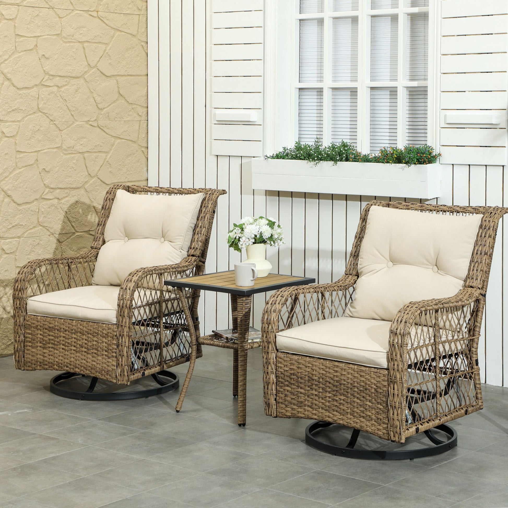 Outsunny 3 Piece Outdoor Bistro Set with Wicker Swivel Glider Chairs and 2-Tier Table, Ideal for Balcony or Porch, Beige