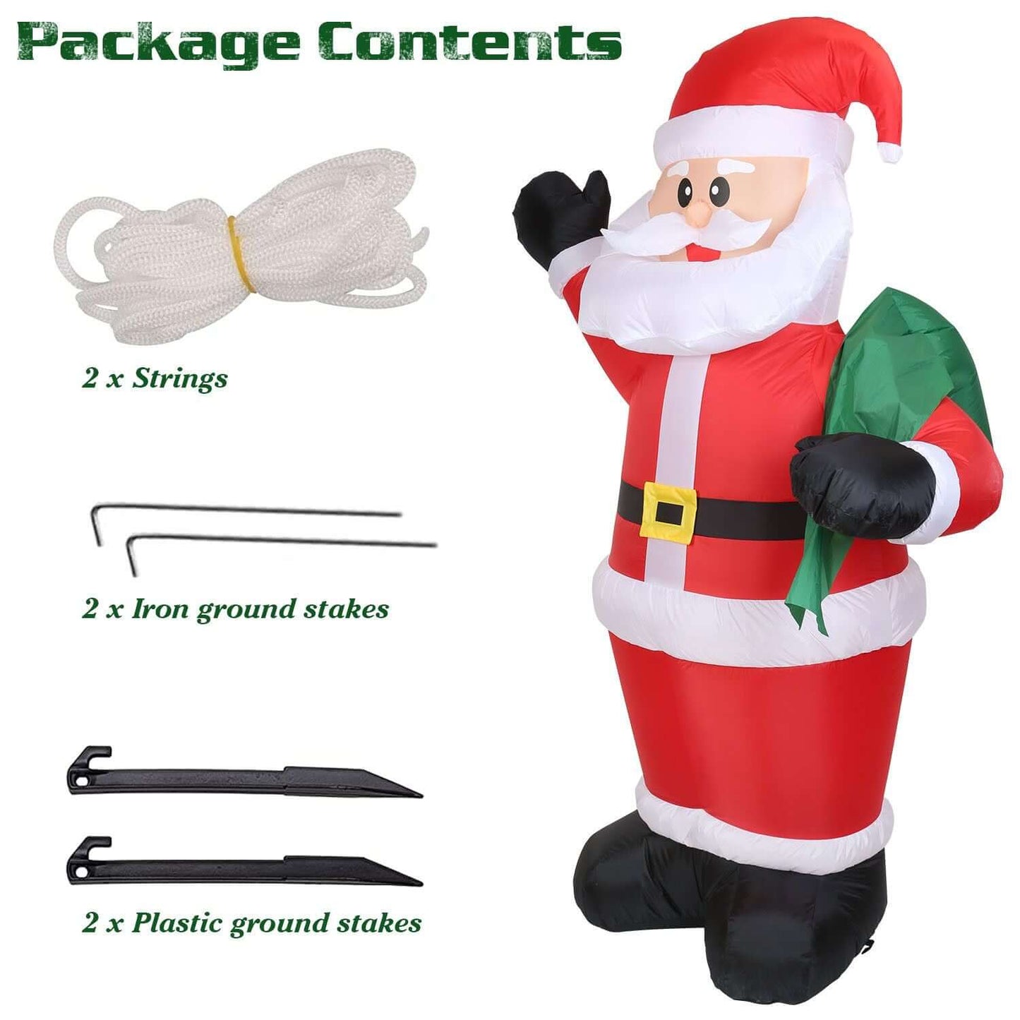 Package contents of 6.4ft Inflatable Christmas Giant Santa Claus with stakes and strings for secure setup.