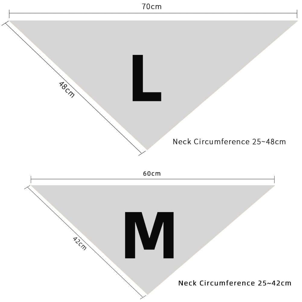 Size chart for Christmas pet Dog Bandana and Collar Bow Tie 2pcs Set; Large 70x48cm, Medium 60x42cm neck circumference.