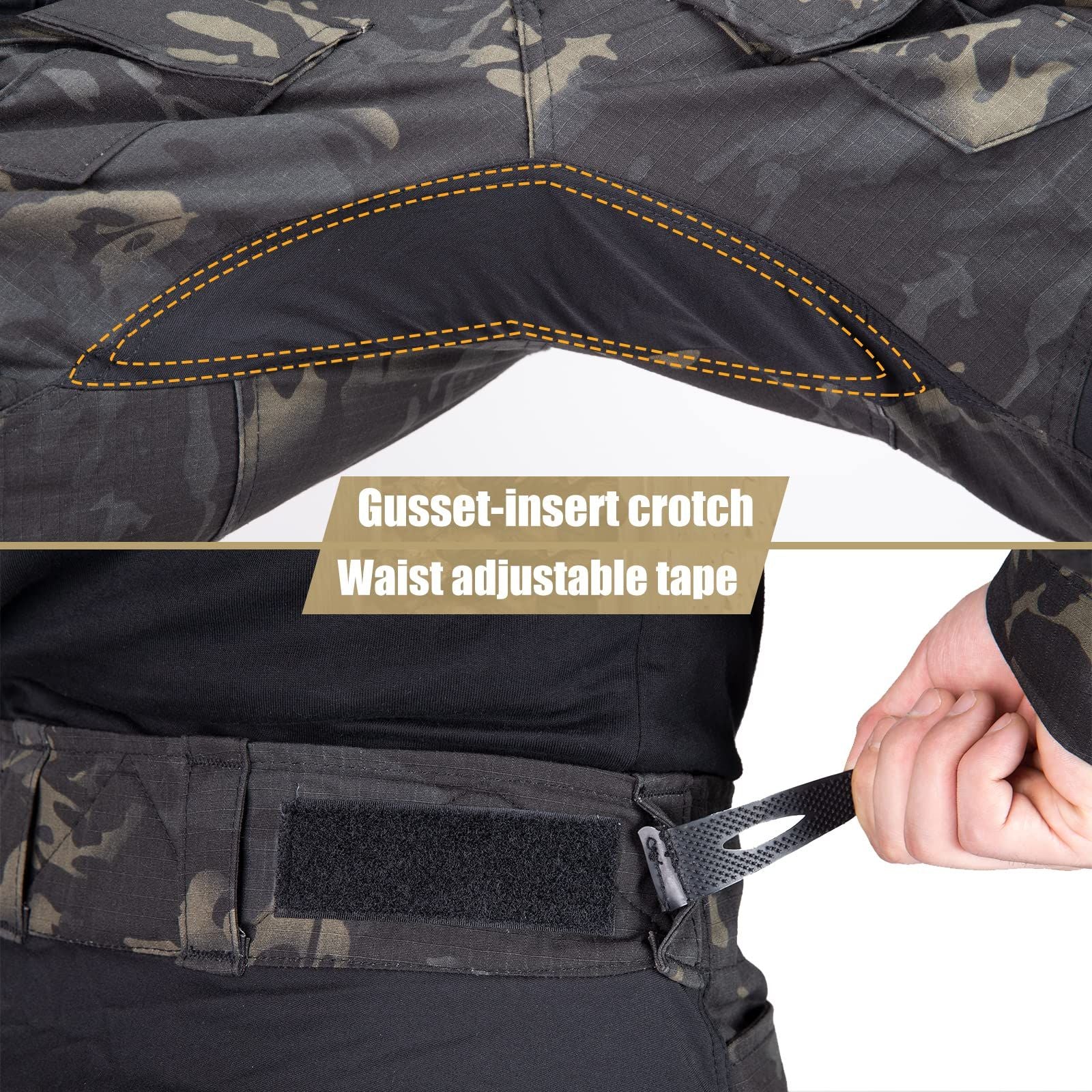 VOTAGOO G3 Multicam Pants showcase gusset-insert crotch and adjustable waist for tactical flexibility and comfort.