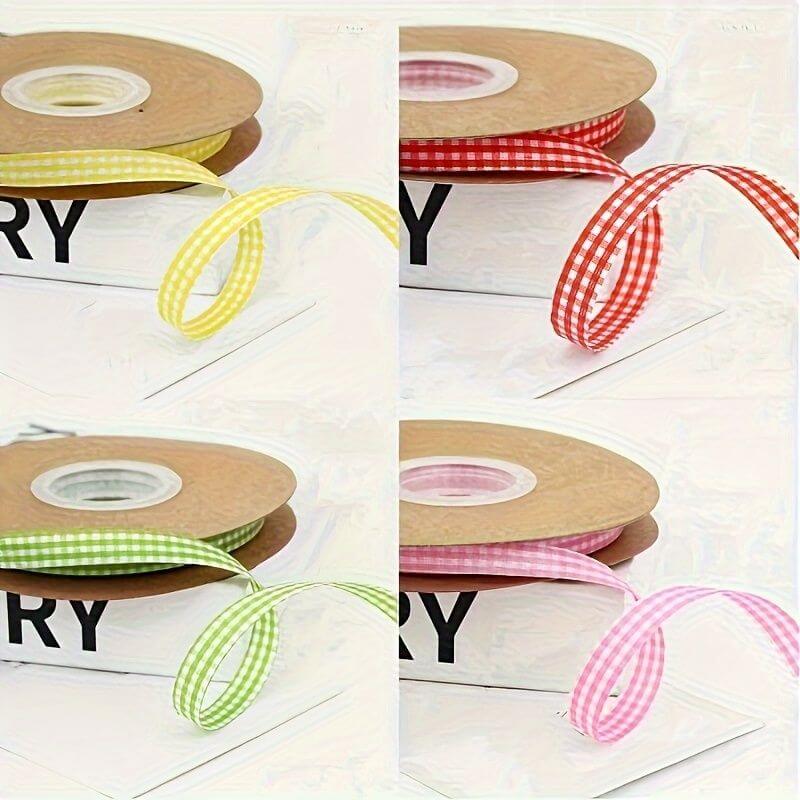 Reusable PVC Holiday Organizing Gift Bags, Colorful gingham patterned ribbon spools in yellow, red, green, and pink for crafting and gift wrapping.