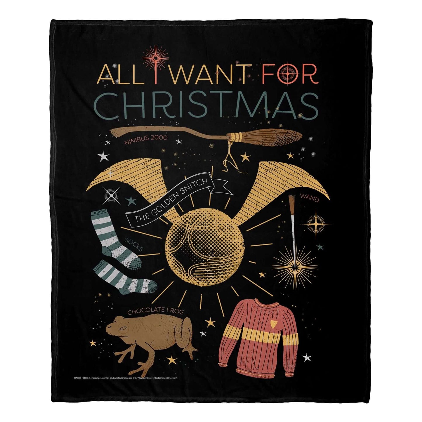 Harry Potter Silk Touch Throw Blanket with "All I Want For Christmas" design featuring Nimbus 2000 and Golden Snitch.