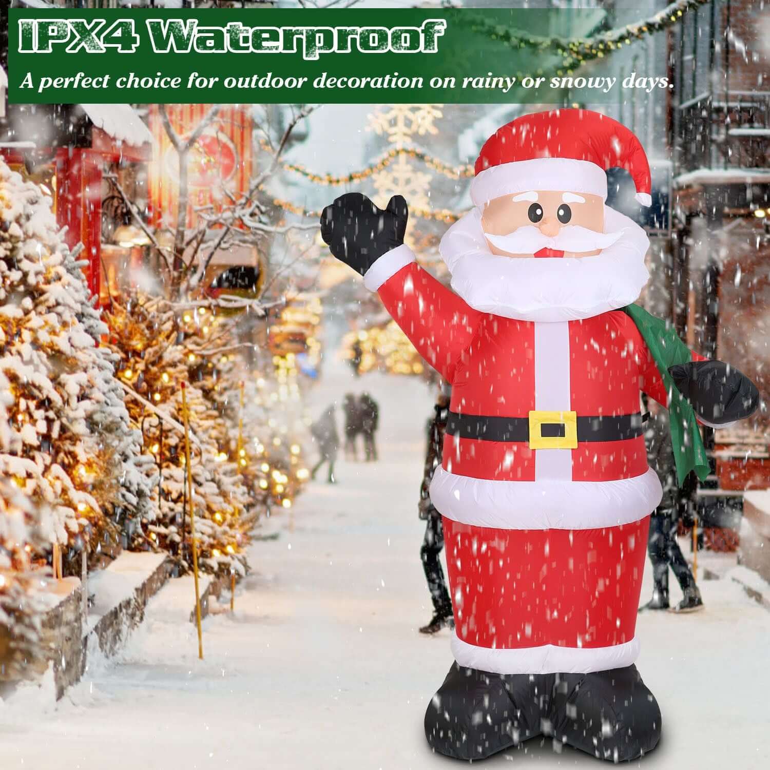 6.4ft Inflatable Christmas Giant Santa Claus with green gift bag in a snowy outdoor scene, IPX4 waterproof for all-weather use.