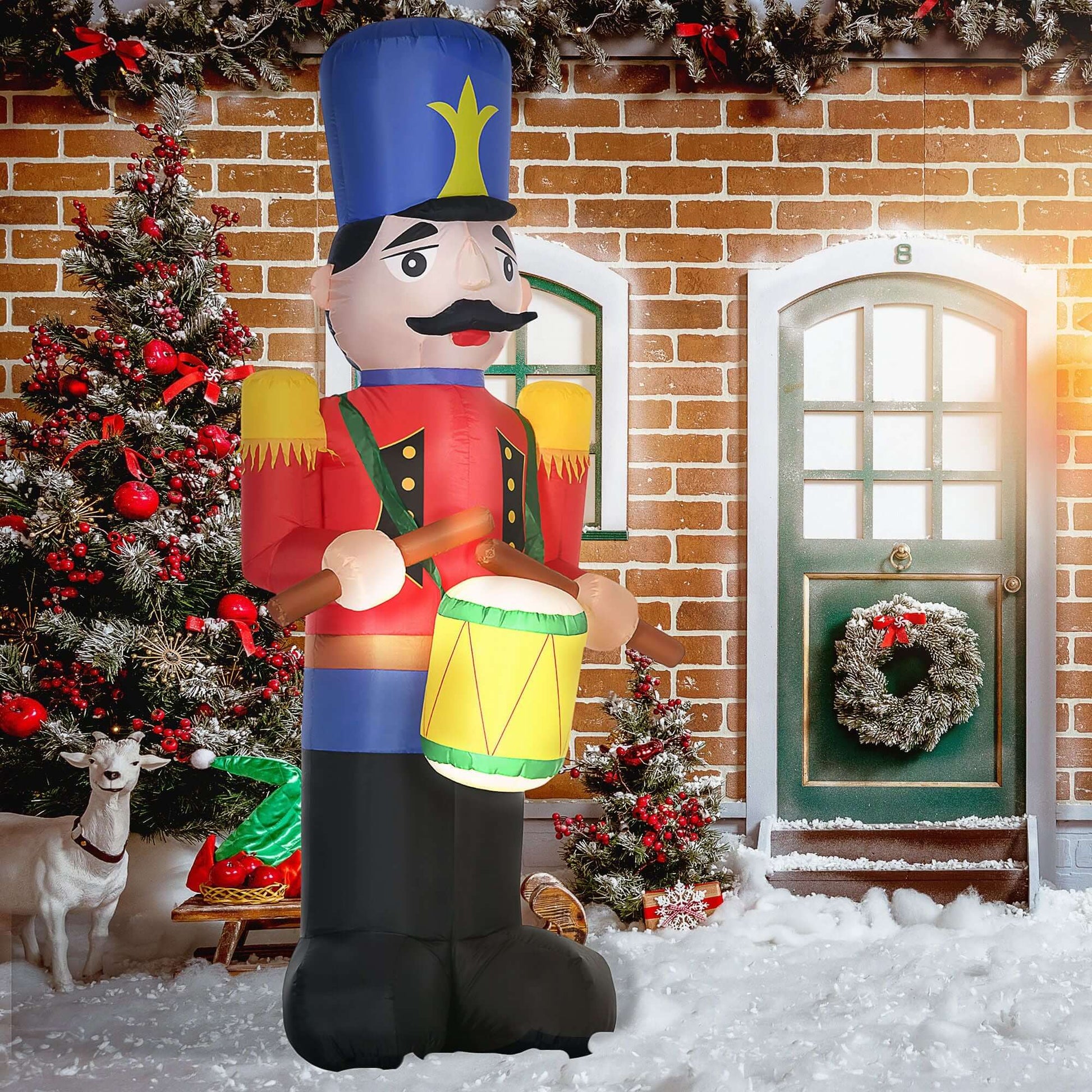 HOMCOM 8ft Christmas Inflatables Nutcracker with LED lights in snowy yard, holiday decoration with drum and toy soldier design.