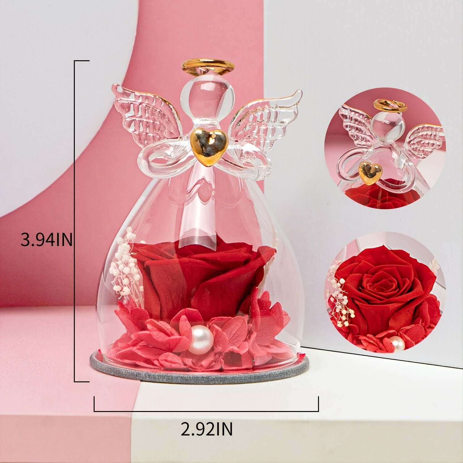 Preserved Rose In Angel Glass gift, featuring a red rose in a decorative glass angel, perfect for women on special occasions.