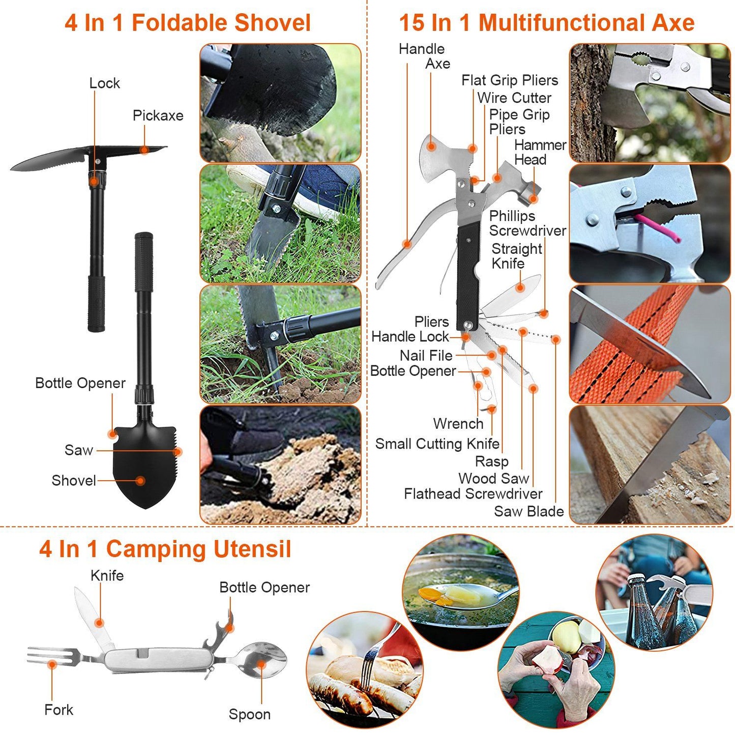 Image showcasing a 125Pcs Survival Kit with a 4 in 1 foldable shovel, 15 in 1 multifunctional axe, and 4 in 1 camping utensil for outdoor adventures.
