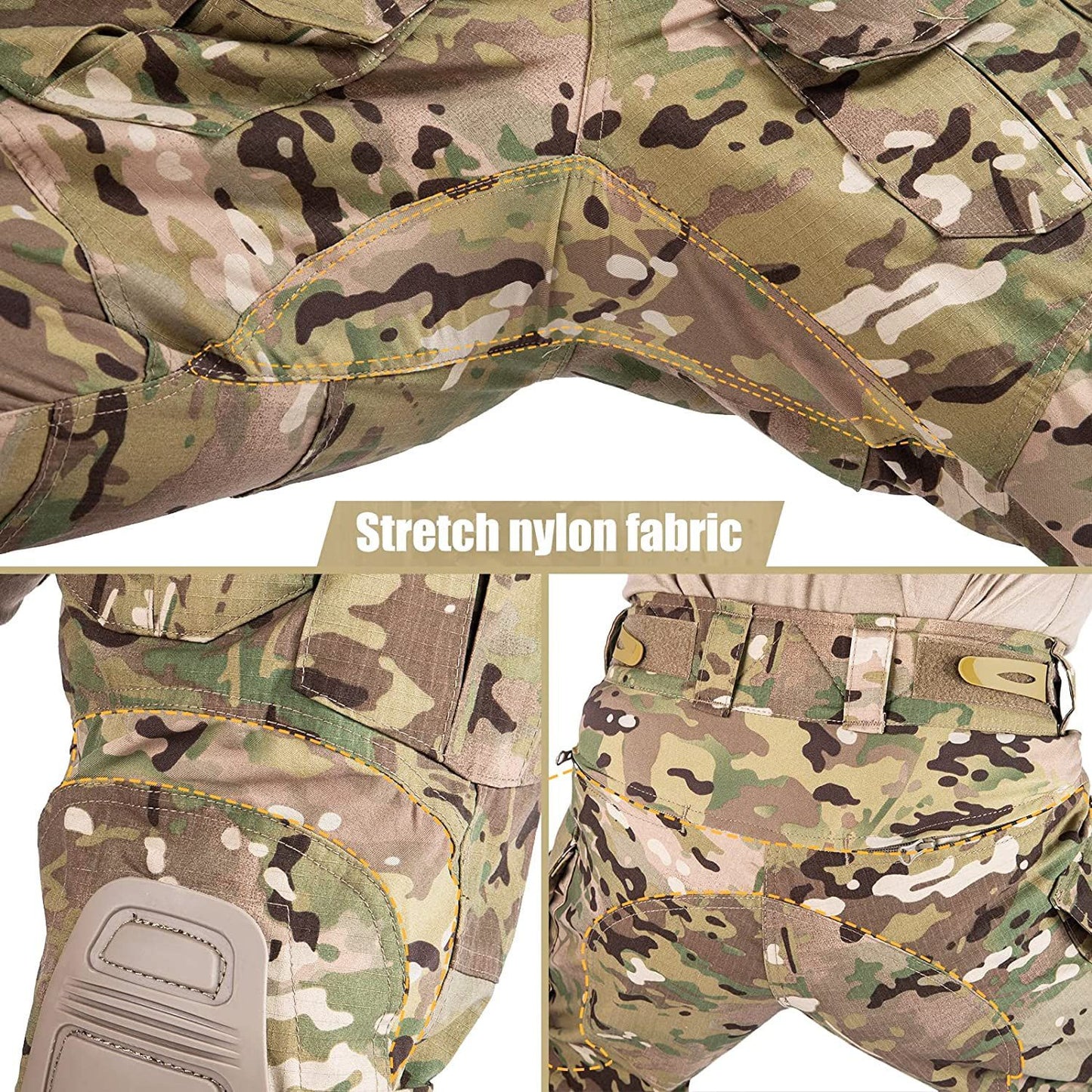 VOTAGOO G3 Combat Pants with knee pads in multicam, showcasing stretch nylon fabric for flexibility, ideal for tactical and hunting use.