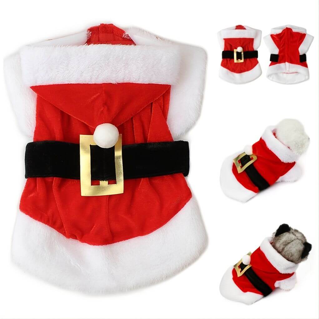 Christmas Santa Claus Dog Hoodie Winter Jacket for small and medium dogs, featuring festive Santa design with belt and hood.