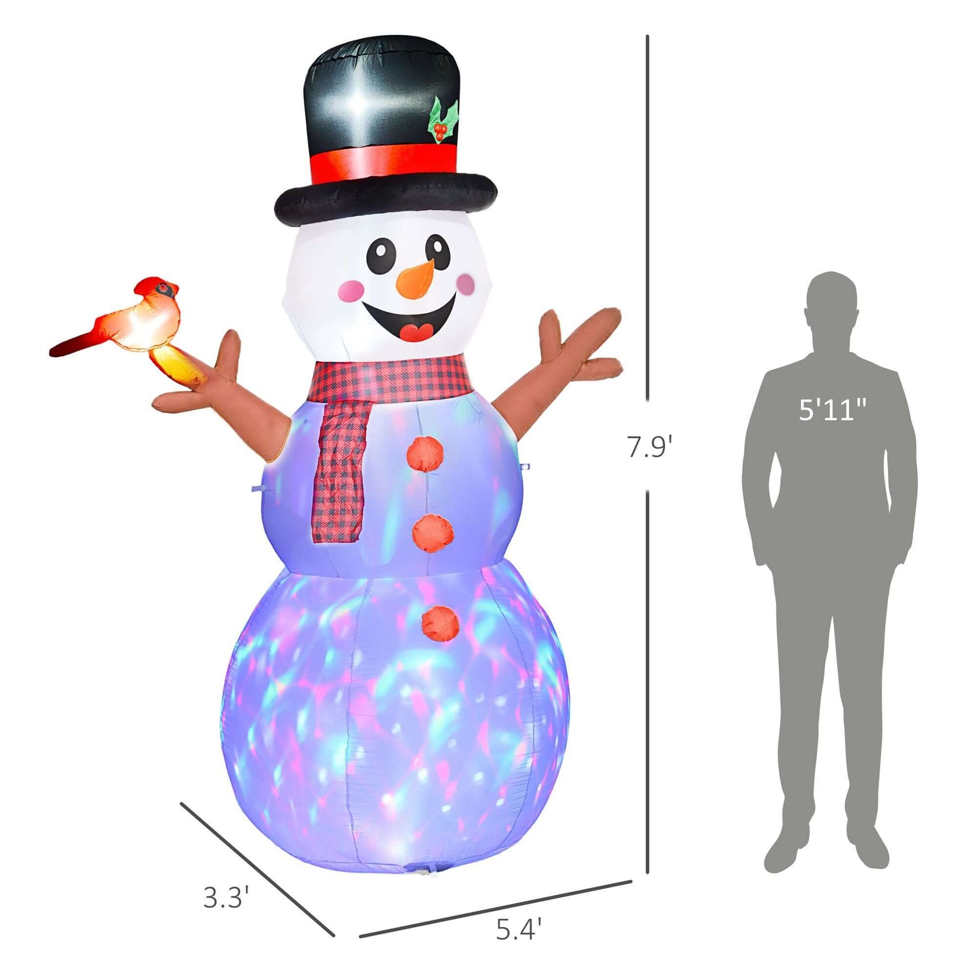 Inflatable Snowman - 8ft Christmas decoration with LED lights, featuring branch hands, standing next to size comparison silhouette.