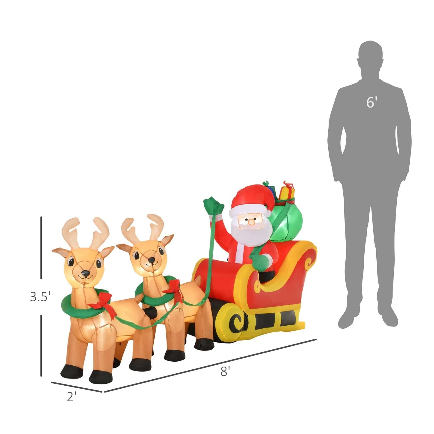 8ft LED Christmas Inflatable Santa Claus with Sleigh outdoor decoration featuring colorful design and cheerful reindeer.