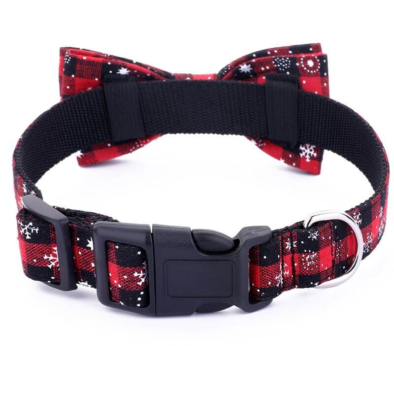 Christmas Dog Collar Snowflake Dog Collar with red plaid pattern and bow tie, perfect for holiday pet fashion.