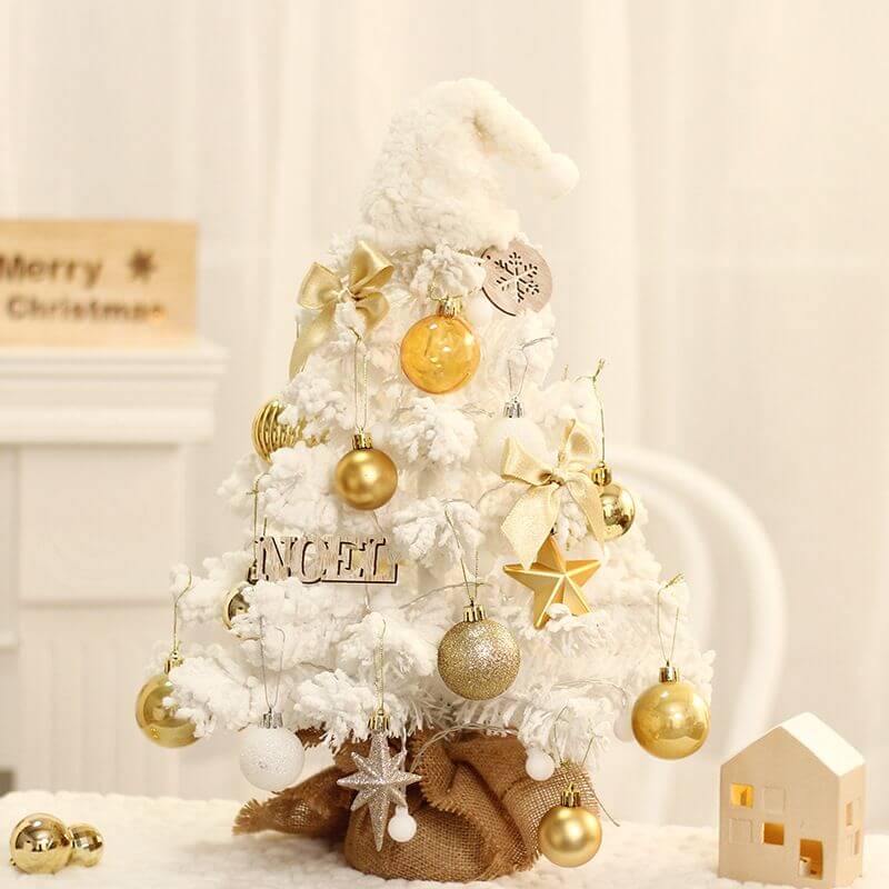 Tabletop Christmas Tree - Mini Snow Flocked with Gold Ornaments and festive design, perfect for holiday decor.
