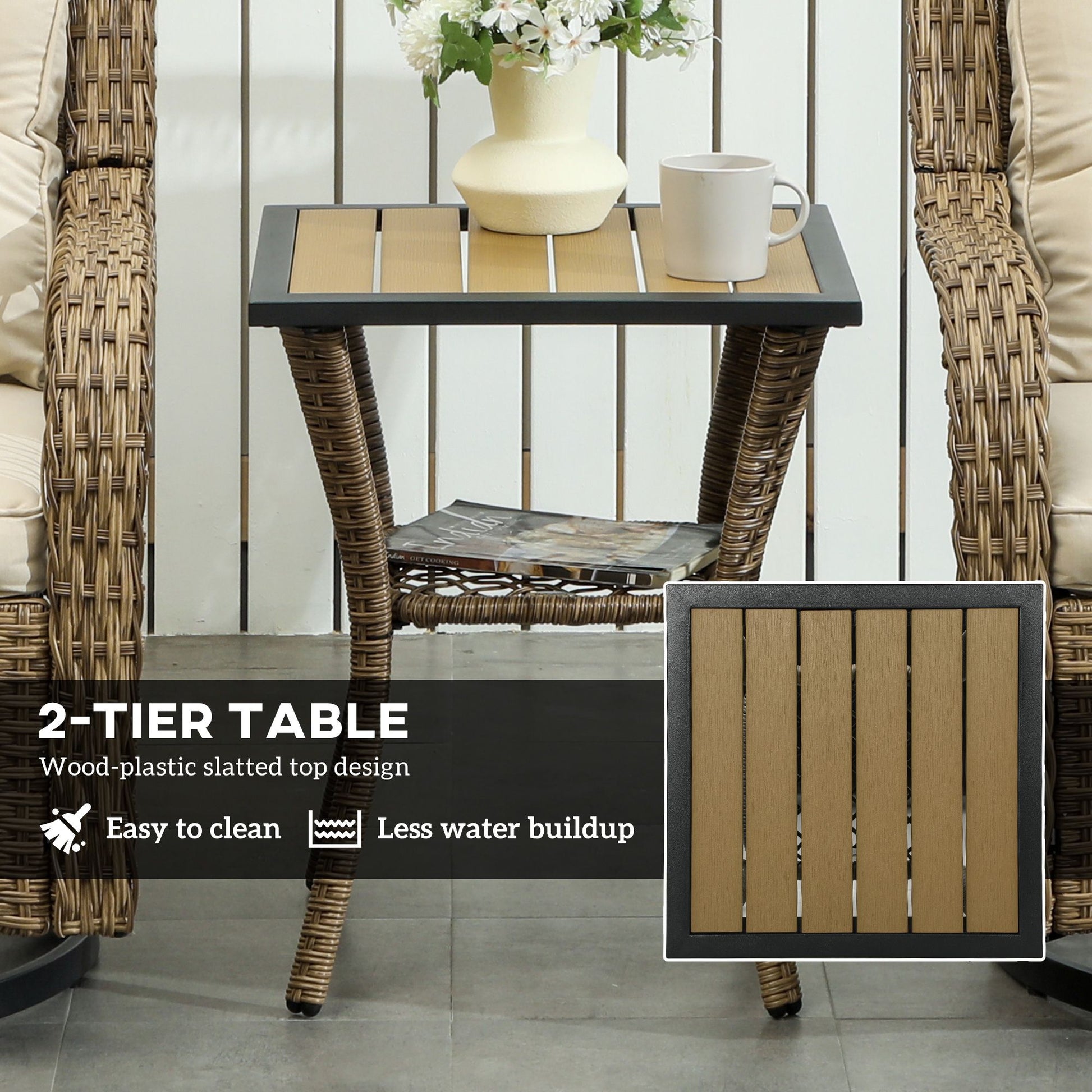 Outsunny 3 Piece Outdoor Bistro Set featuring 2-tier wicker table, ideal for porches and balconies, easy to clean design.