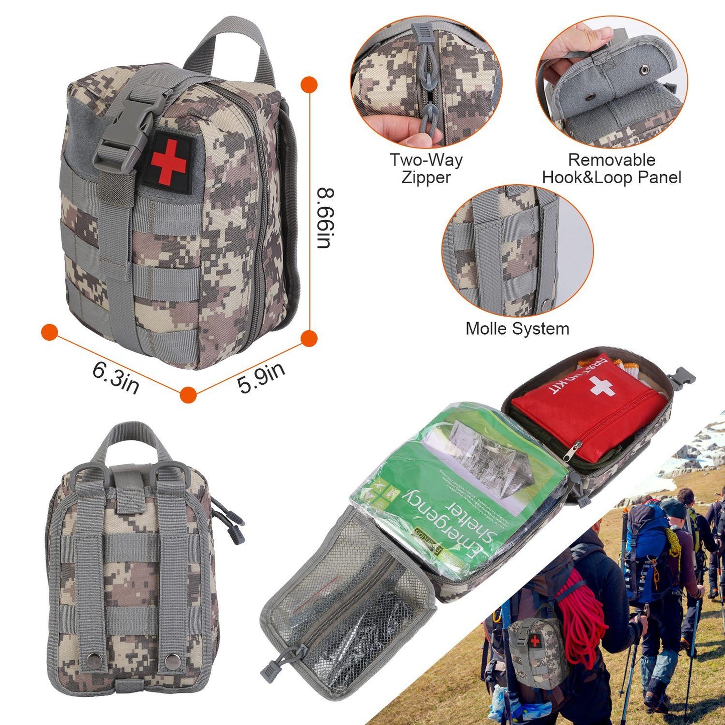 Camouflage tactical first aid kit with MOLLE system, featuring two-way zipper and emergency supplies, ideal for camping and hiking.
