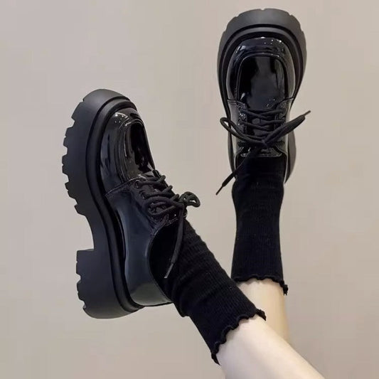 Women’s British Style Chunky Sole Leather Shoes – Trendy Loafers with Elevated Heel showcasing bold modern style and comfort.