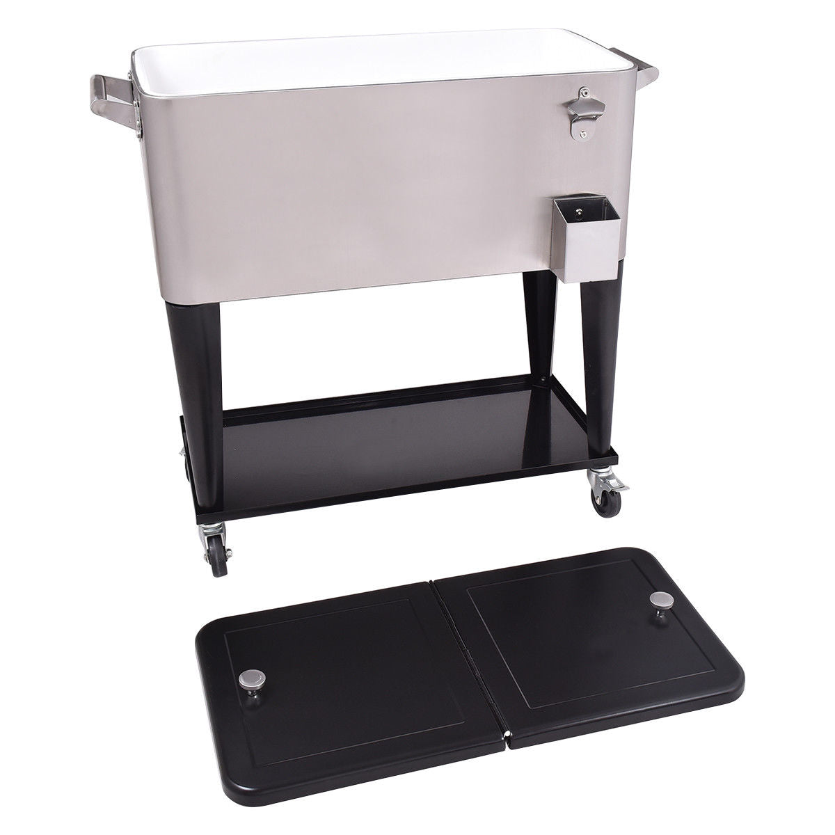 80 Quart Patio Rolling Stainless Steel Ice Beverage Cooler with high insulation and locking casters for easy mobility