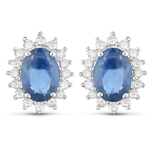 2.22 Carat Genuine Blue Sapphire and White Diamond 14K White Gold Earrings