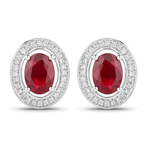 2.12 Carat Genuine Ruby and White Diamond 14K White Gold Earrings