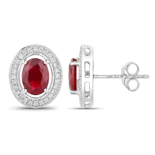 2.12 Carat Genuine Ruby and White Diamond 14K White Gold Earrings