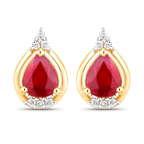 1.36 Carat Genuine Ruby and White Diamond 14K Yellow Gold Earrings