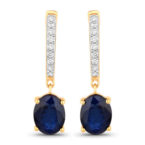 3.24 Carat Genuine Blue Sapphire and White Diamond 14K Yellow Gold Earrings