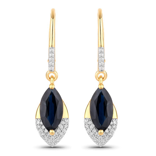2.79 Carat Genuine Blue Sapphire and White Diamond 14K Yellow Gold Earrings