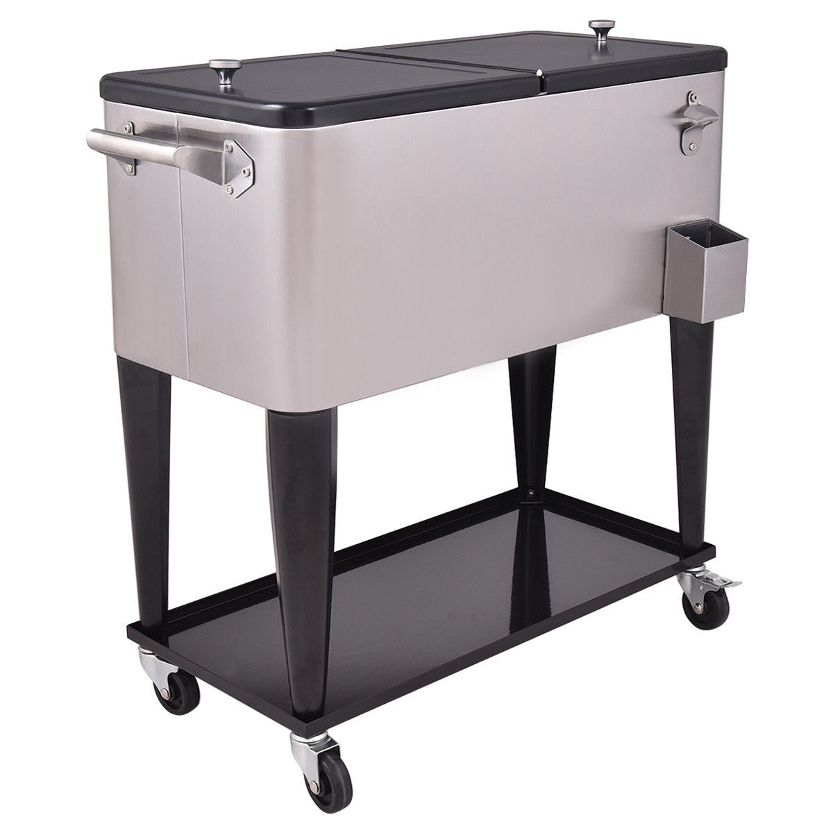 80 Quart Patio Rolling Stainless Steel Ice Beverage Cooler with handle and casters for easy mobility for outdoor use