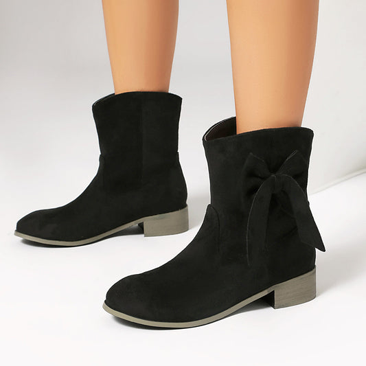 Low Heel Suede Large Size Sweet Bow Casual Boots in black with elegant bow detail and low square heel for women's style and comfort.