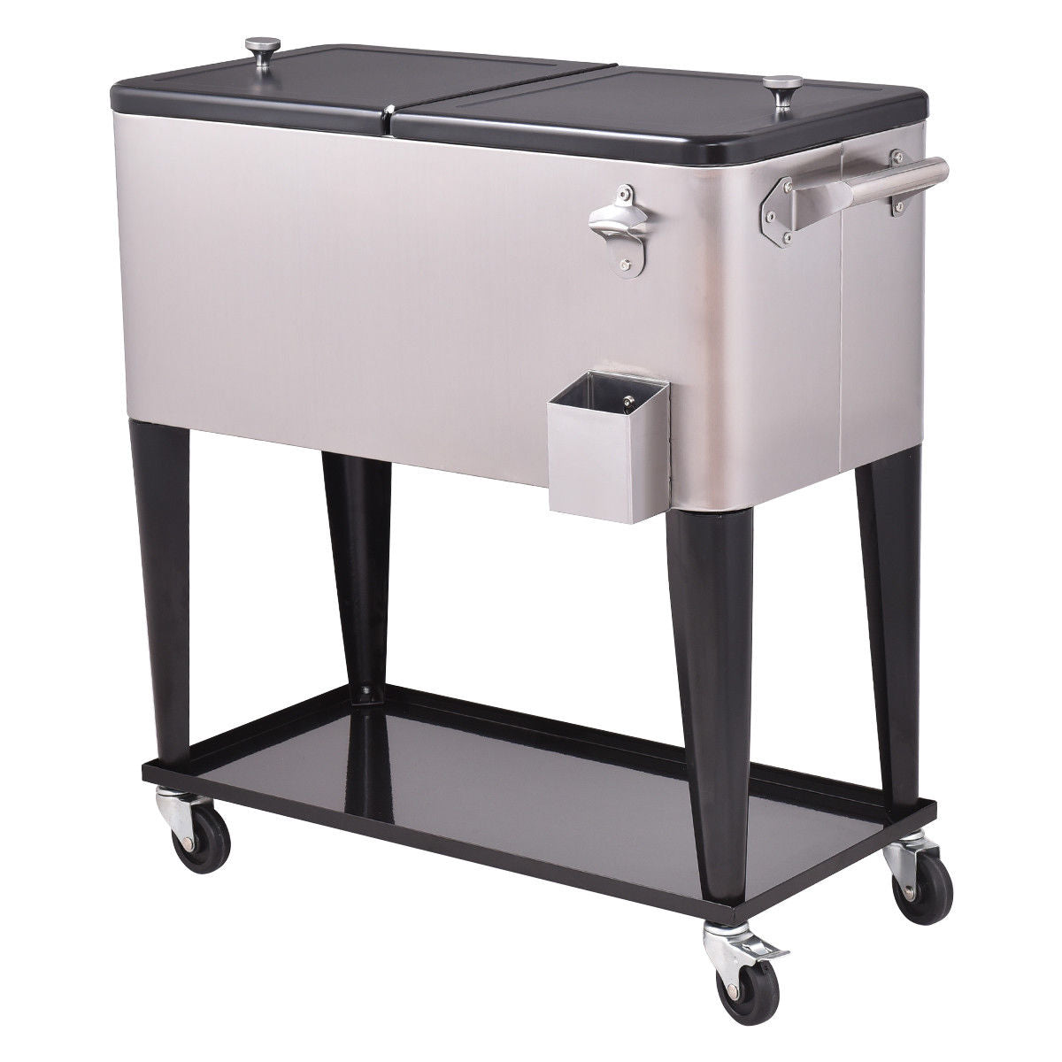 80 Quart Patio Rolling Stainless Steel Ice Beverage Cooler with handles and casters