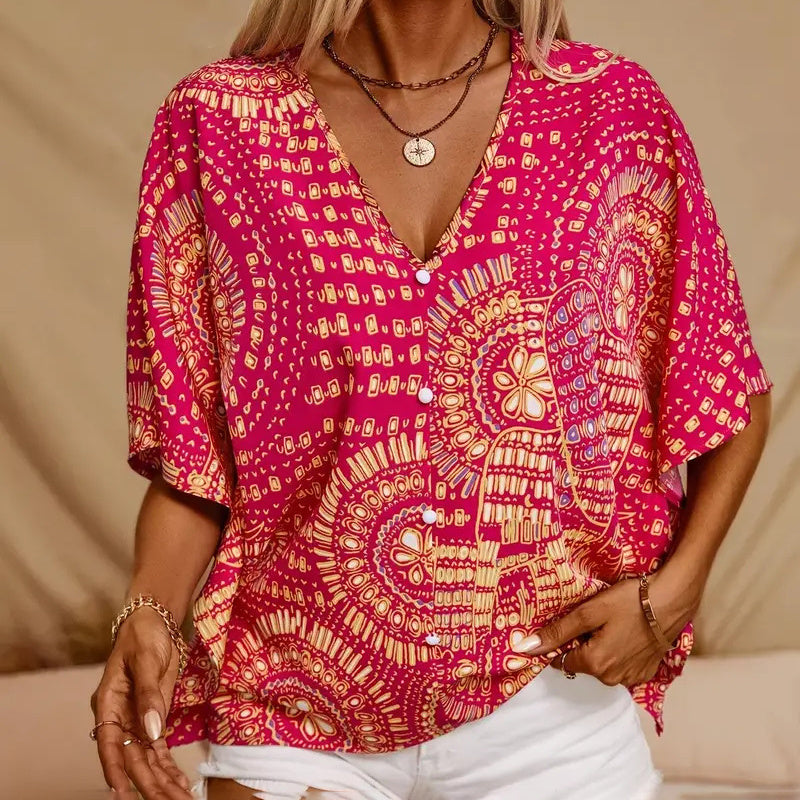 Mandala Print V-Neck Blouse – Casual Vacation Top