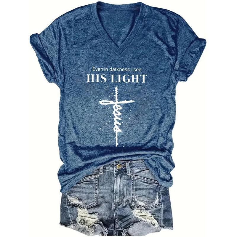 Women's V-Neck T-Shirt Geometric Cross Casual Summer Short Sleeve Top in blue with inspirational message and cross design