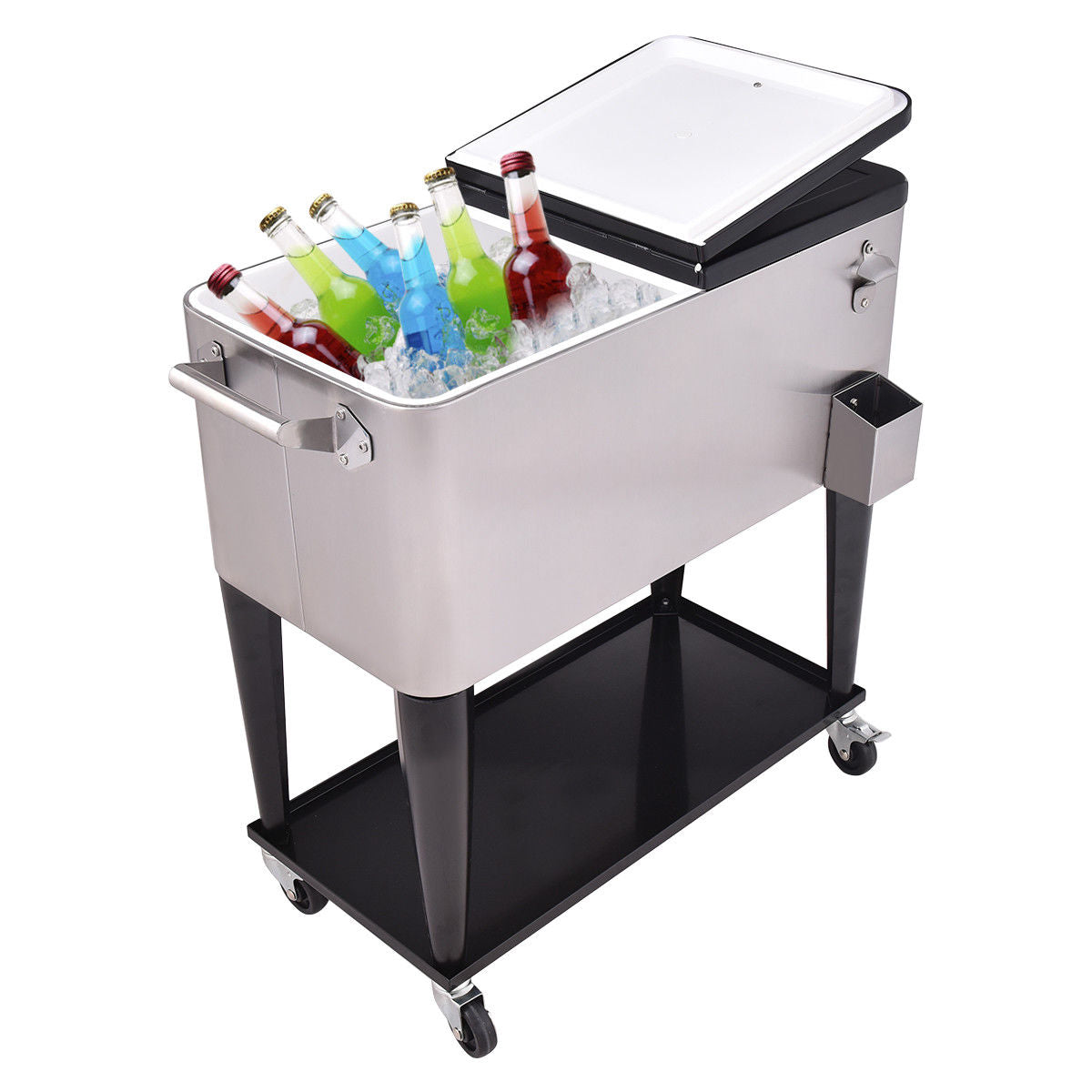 80 Quart Patio Rolling Stainless Steel Ice Beverage Cooler with drinks, open lid and casters for mobility