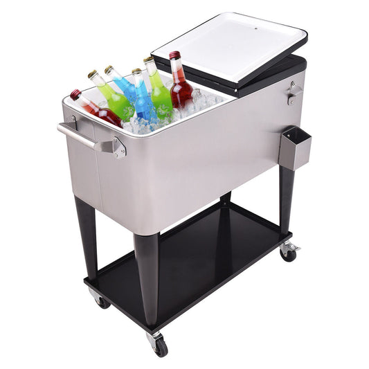 80 Quart Patio Rolling Stainless Steel Ice Beverage Cooler with drinks, open lid and casters for mobility