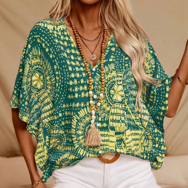 Mandala Print V-Neck Blouse – Casual Vacation Top