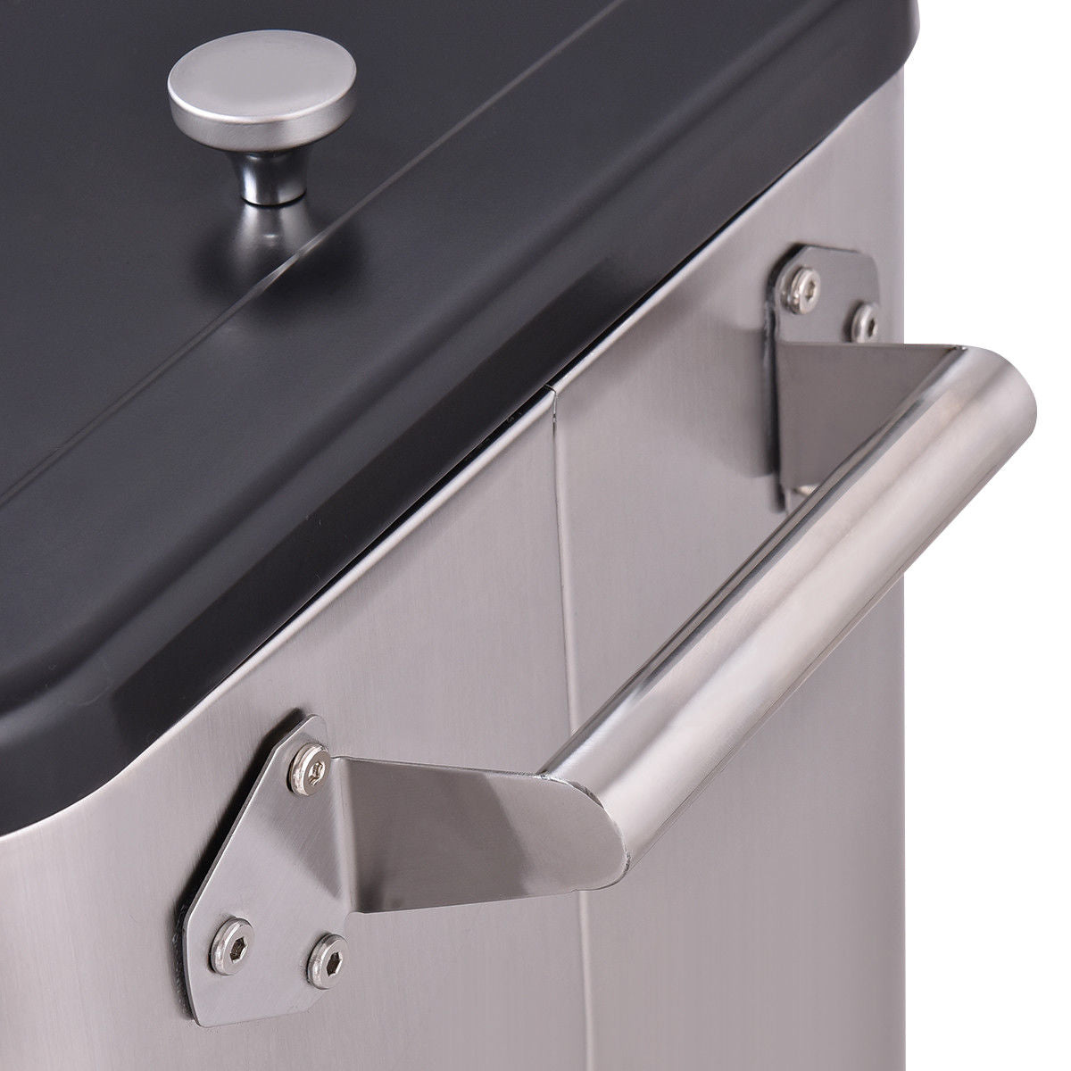 Close-up of handle on 80 Quart Patio Rolling Stainless Steel Ice Beverage Cooler