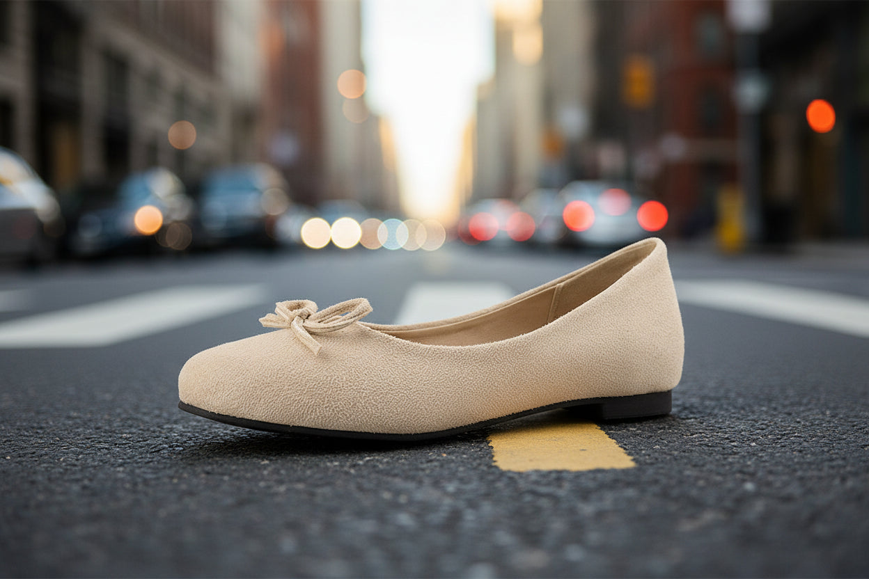 Beige flat shoe with bow on city street, background of blurred urban traffic lights