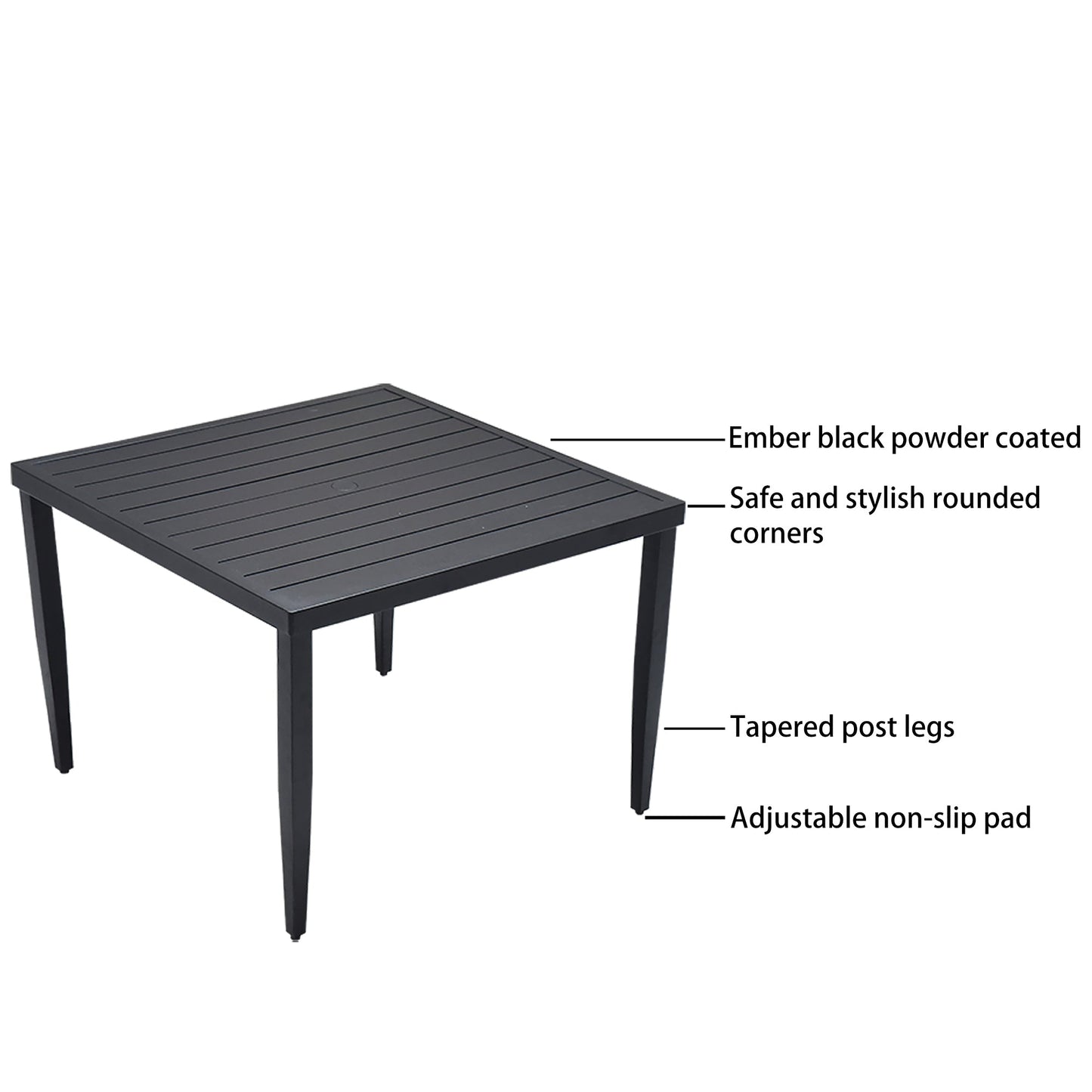 5-Piece Outdoor Patio Aluminum Furniture, Modern Dining Set, including 4 Swivel Rockers  Sunbrella Fabric Cushioned and 40' Square Dining Table with Umbrella Hole, Ember Black
