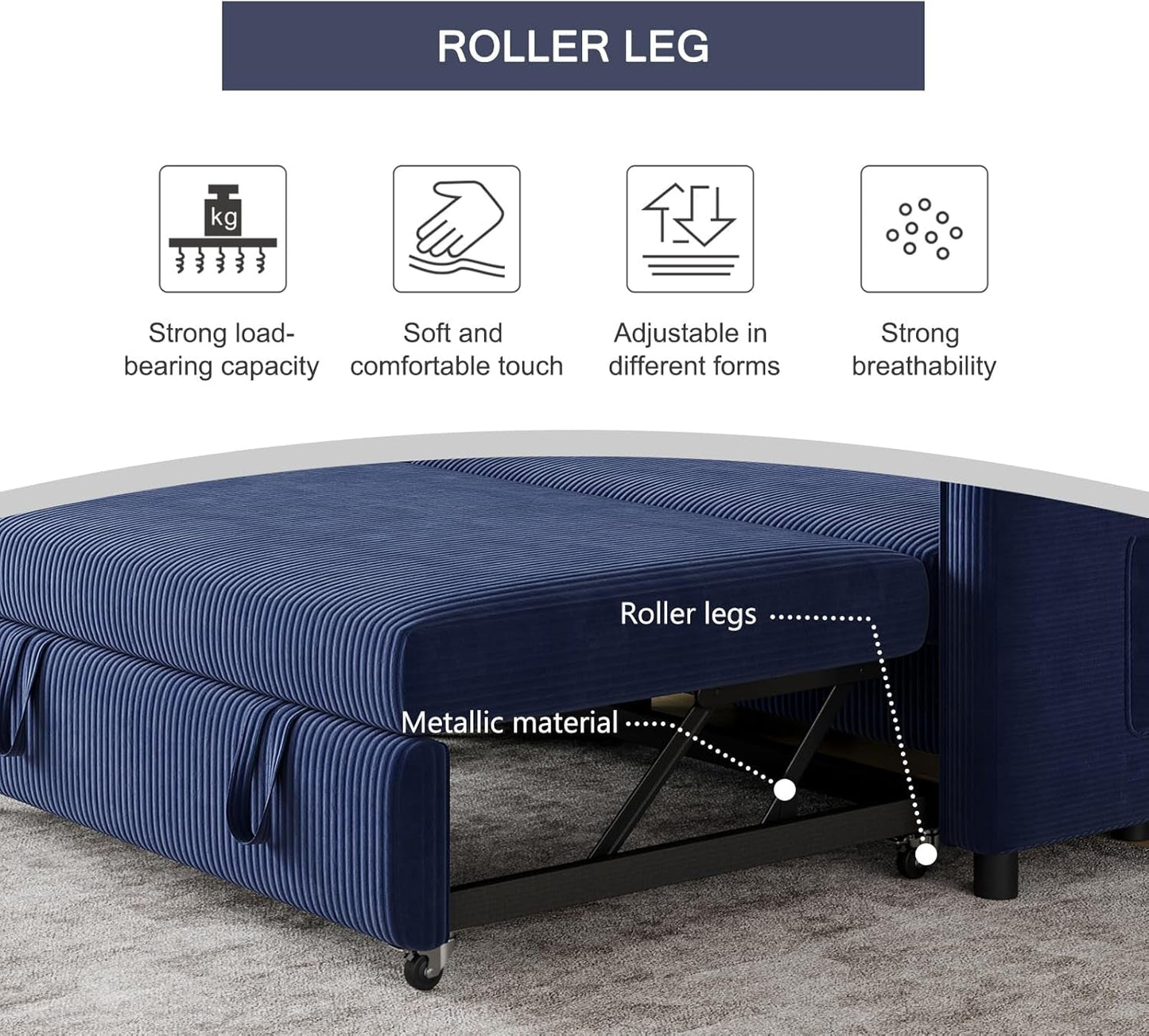 Navy Corduroy Convertible Sleeper Sofa Bed Pockets with roller leg design, emphasizing comfort and versatility for modern spaces.