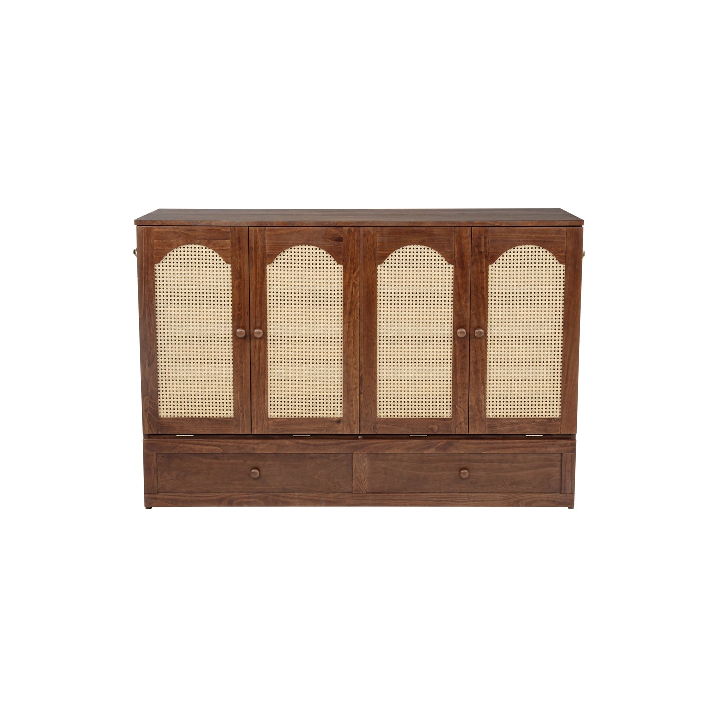 Queen Size Murphy Bed, Pine Wood Cabinet Bed with Power Station and Rattan Decoration Panel,Walnut