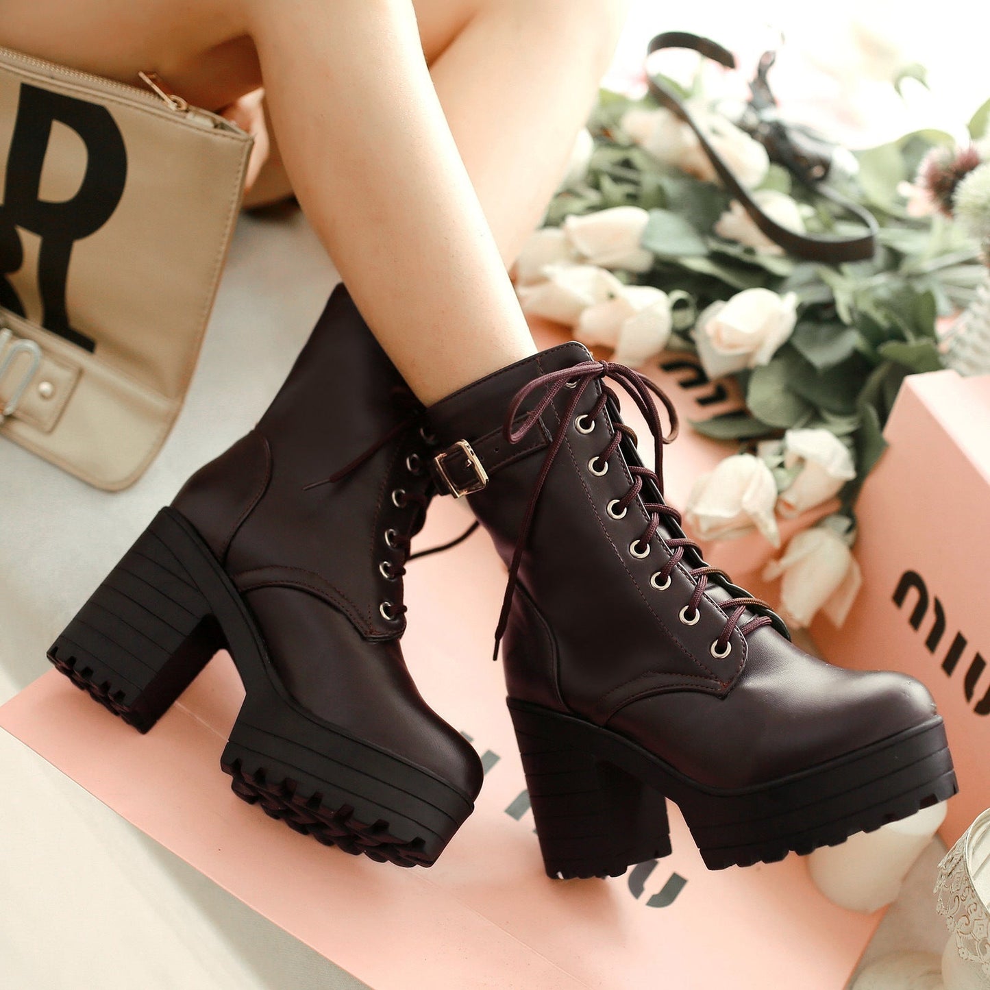 Women’s Chunky Heel PU Martin Boots | Large Size High Heel Boots